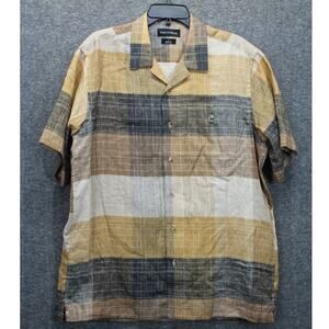 Paul Fredrick Finest Pure Linen Shirt Men's Large Brown Plaid Short Sleeves